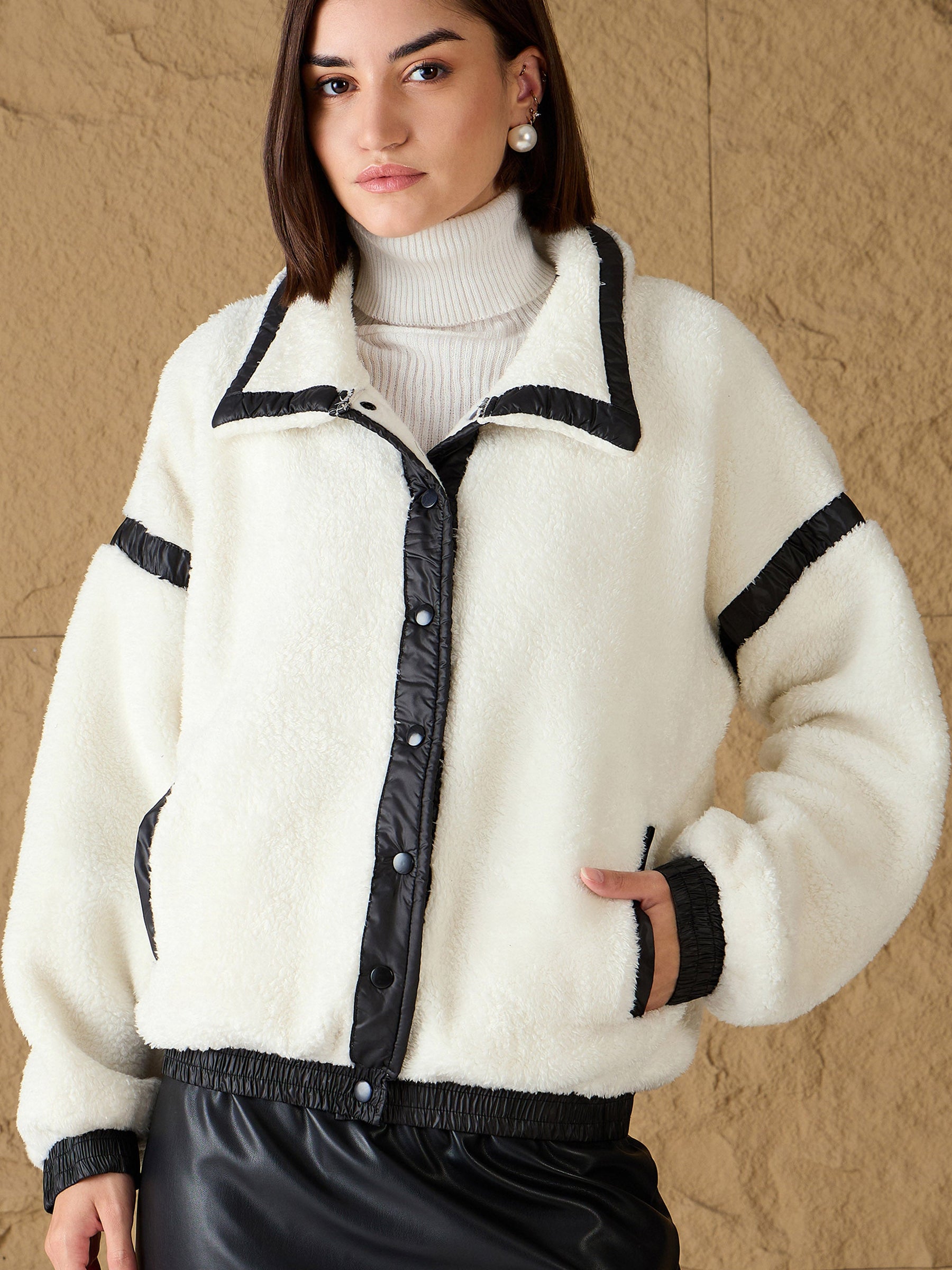 White Fur Contrast Tape Detail Jacket-SASSAFRAS