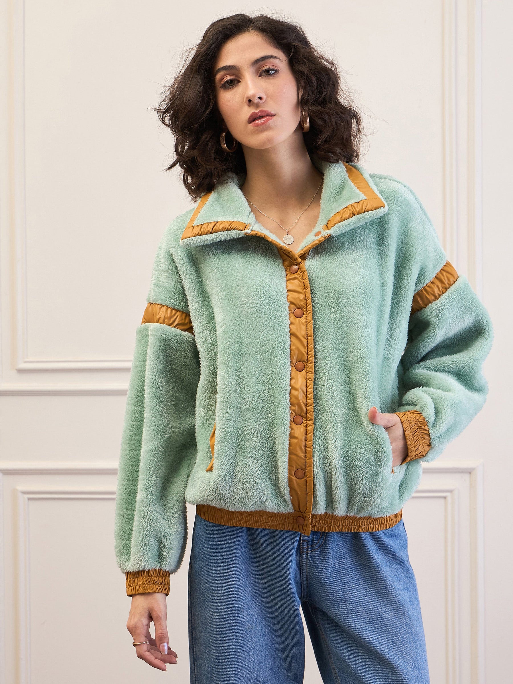 Green Fur Contrast Tape Detail Jacket-SASSAFRAS