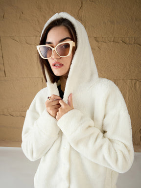 White Fur Button Placket Hooded Jacket-SASSAFRAS