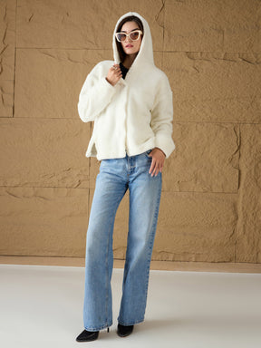 White Fur Button Placket Hooded Jacket-SASSAFRAS