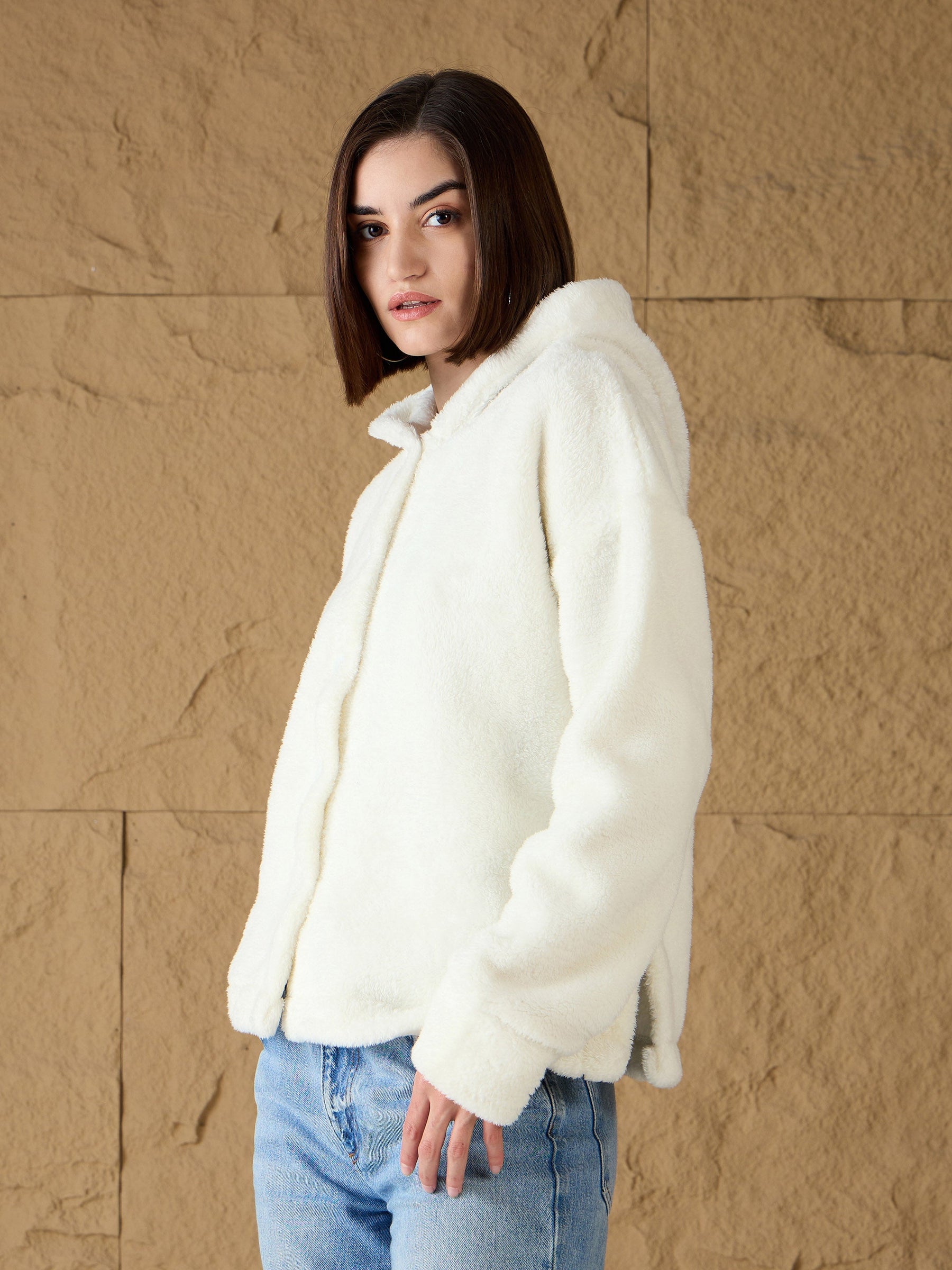 White Fur Button Placket Hooded Jacket-SASSAFRAS