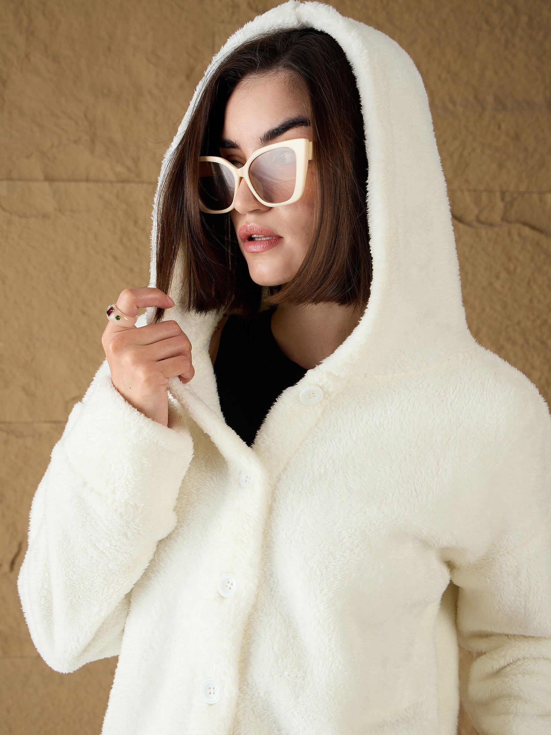 White Fur Button Placket Hooded Jacket-SASSAFRAS