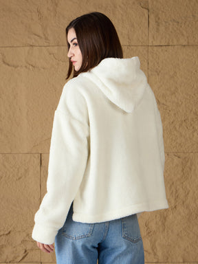 White Fur Button Placket Hooded Jacket-SASSAFRAS