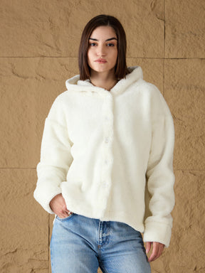 White Fur Button Placket Hooded Jacket-SASSAFRAS