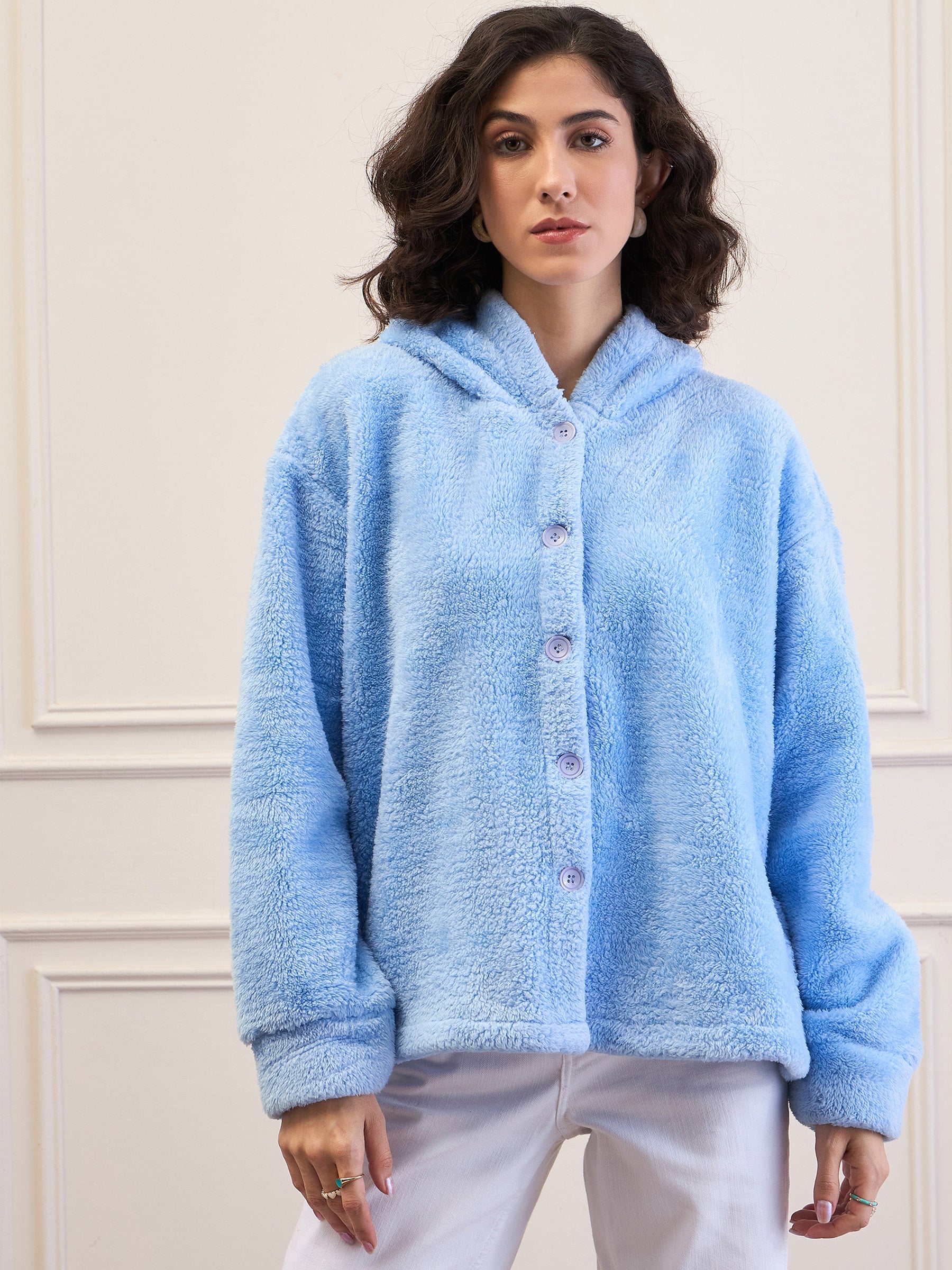 Blue Fur Button Placket Hooded Jacket-SASSAFRAS