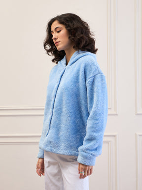 Blue Fur Button Placket Hooded Jacket-SASSAFRAS