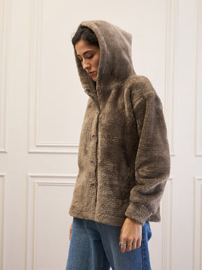 Dark Grey Fur Button Placket Hooded Jacket-SASSAFRAS