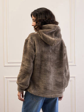 Dark Grey Fur Button Placket Hooded Jacket-SASSAFRAS