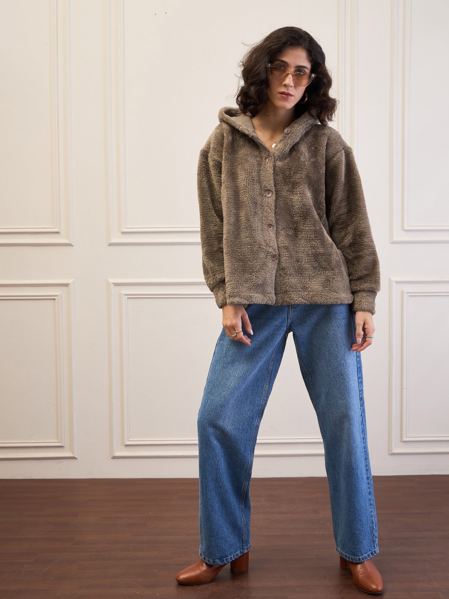 Dark Grey Fur Button Placket Hooded Jacket-SASSAFRAS