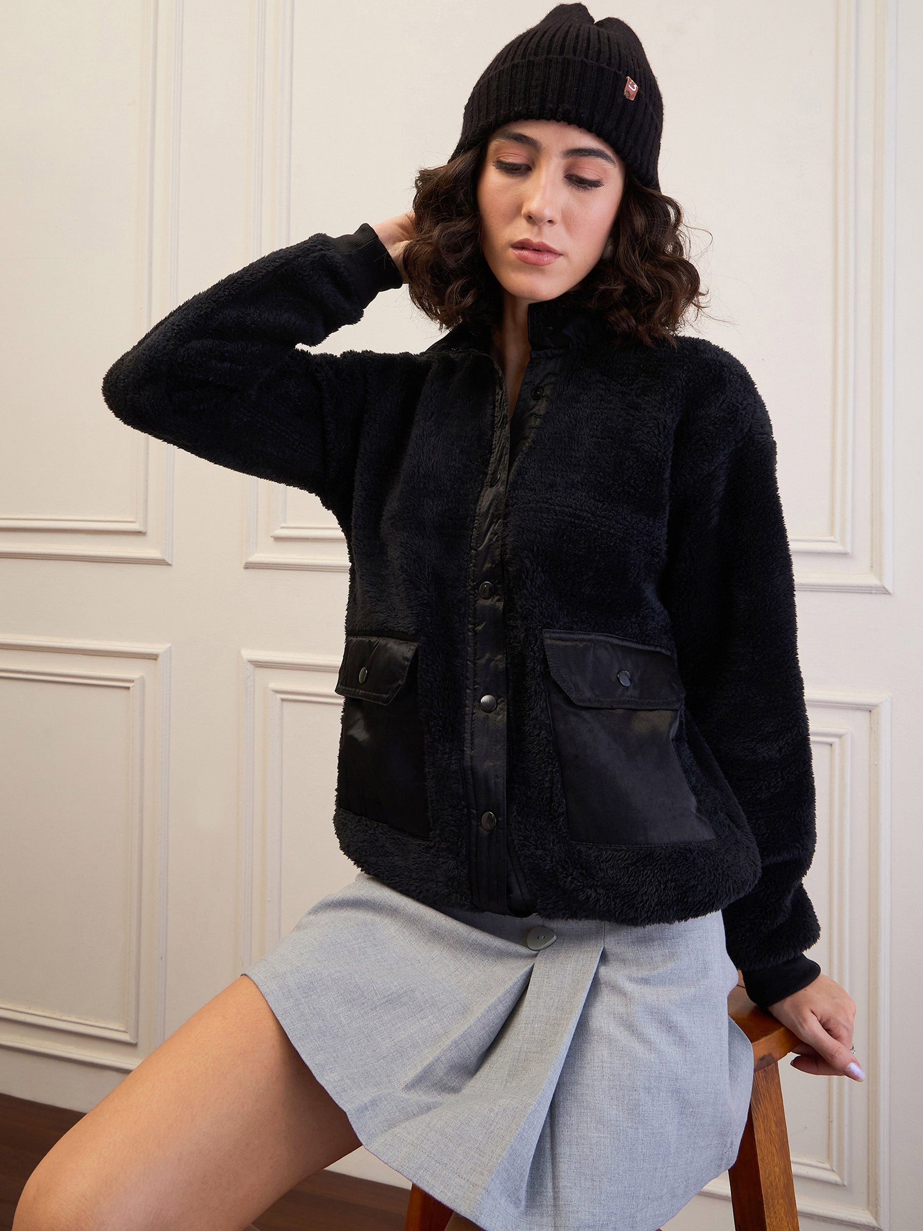 Black Fur Front Patch Pocket Jacket-SASSAFRAS