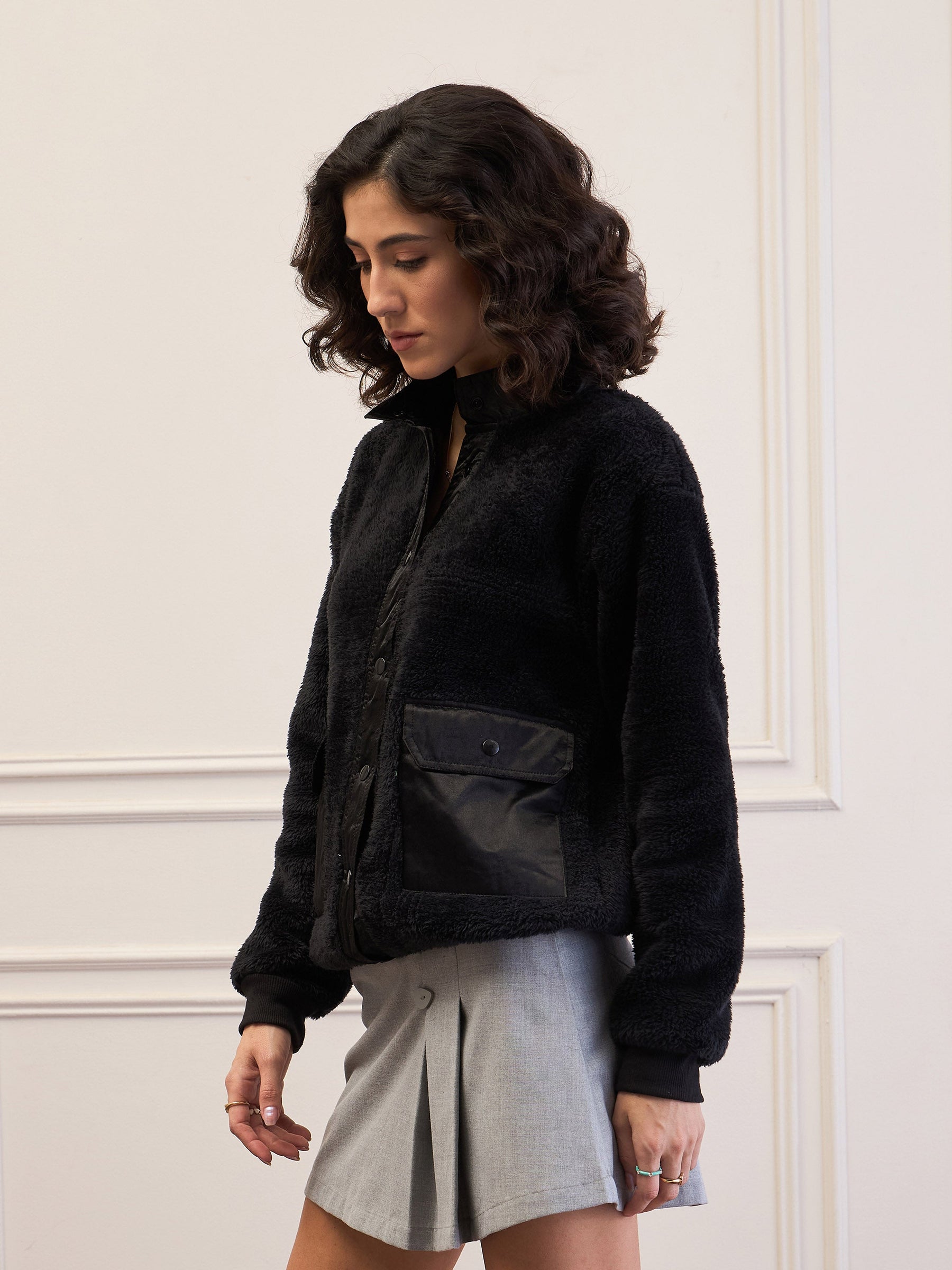 Black Fur Front Patch Pocket Jacket-SASSAFRAS