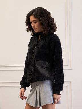 Black Fur Front Patch Pocket Jacket-SASSAFRAS