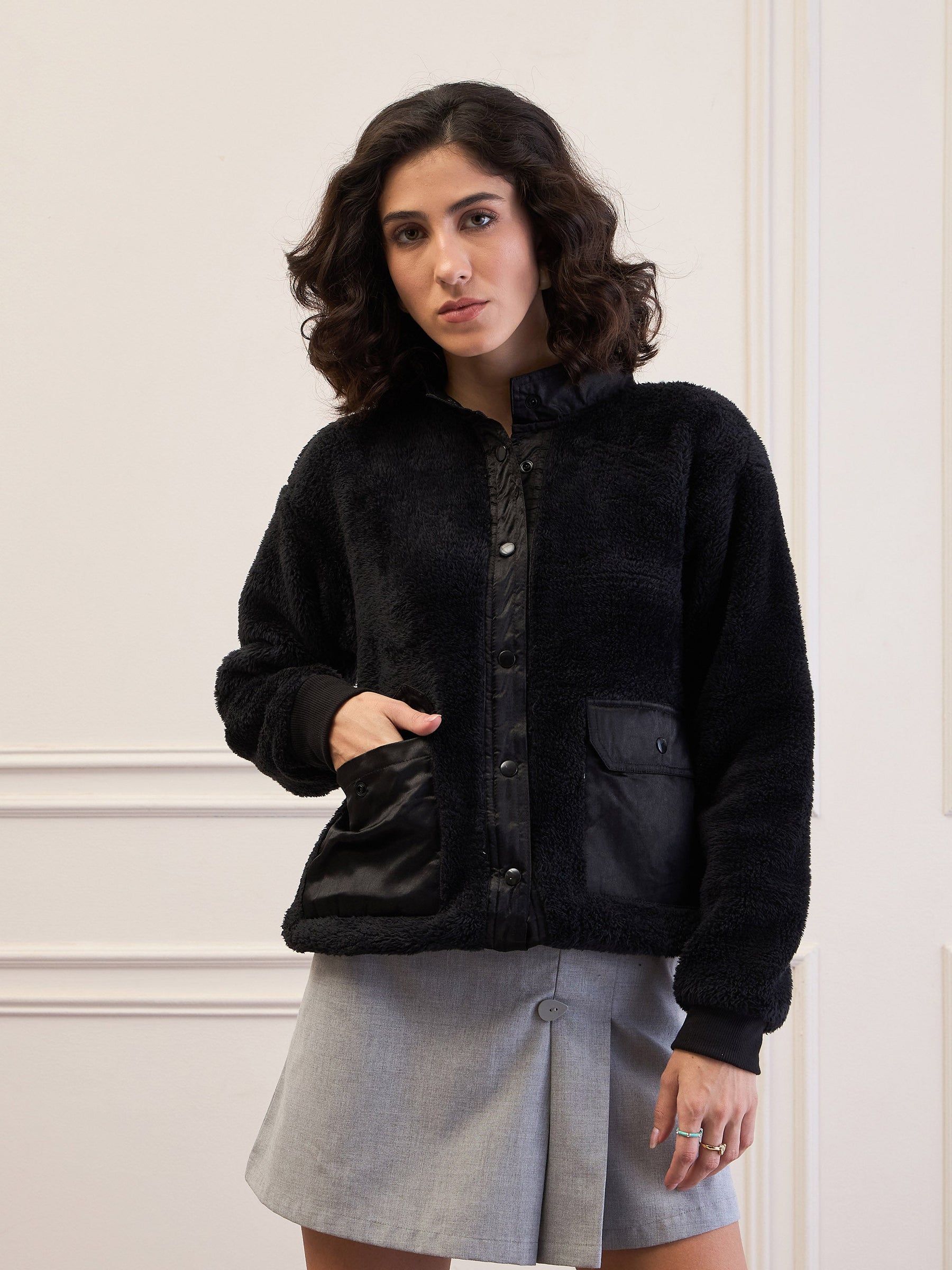 Black Fur Front Patch Pocket Jacket-SASSAFRAS