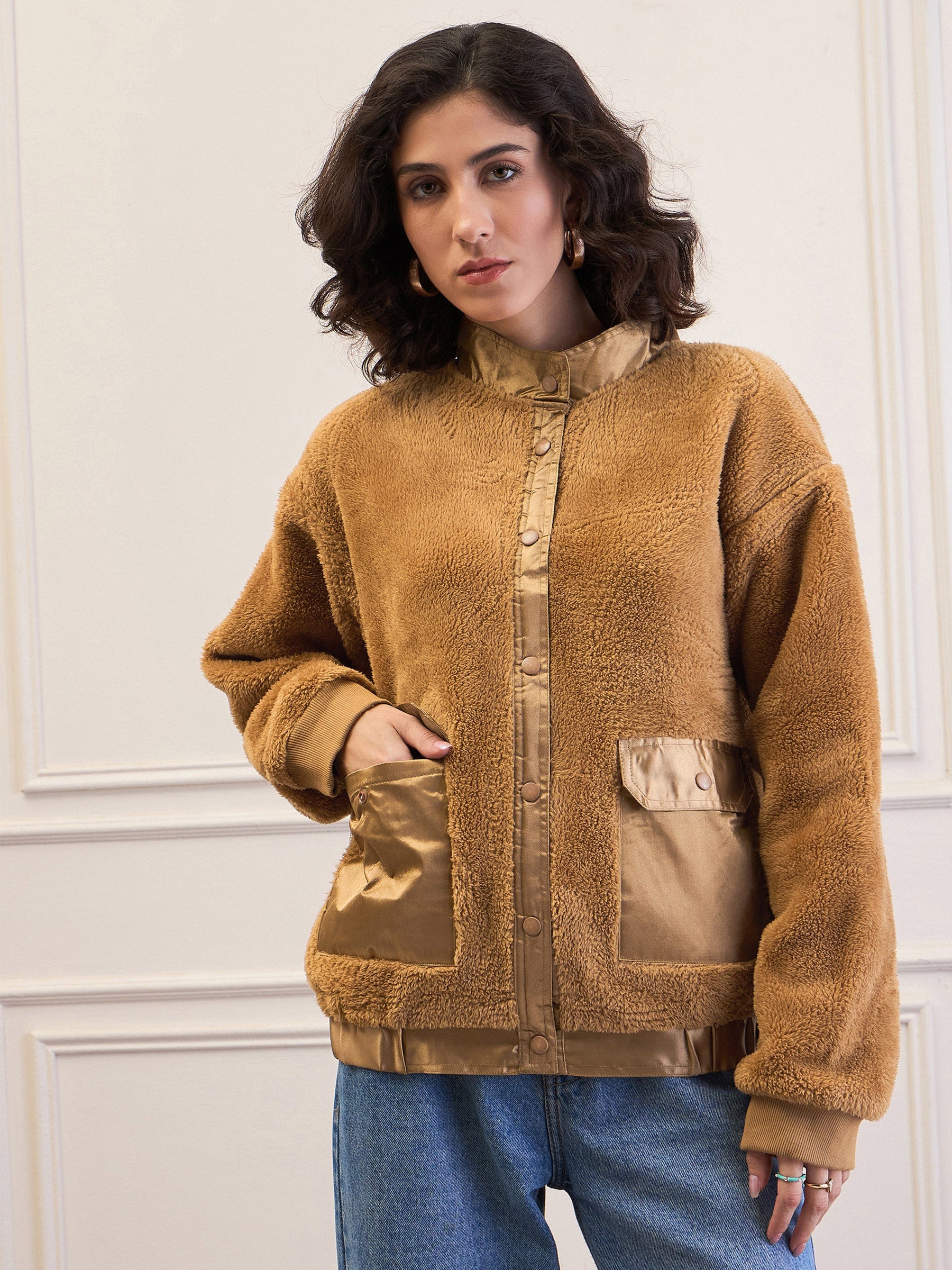 Brown Fur Front Patch Pocket Jacket-SASSAFRAS