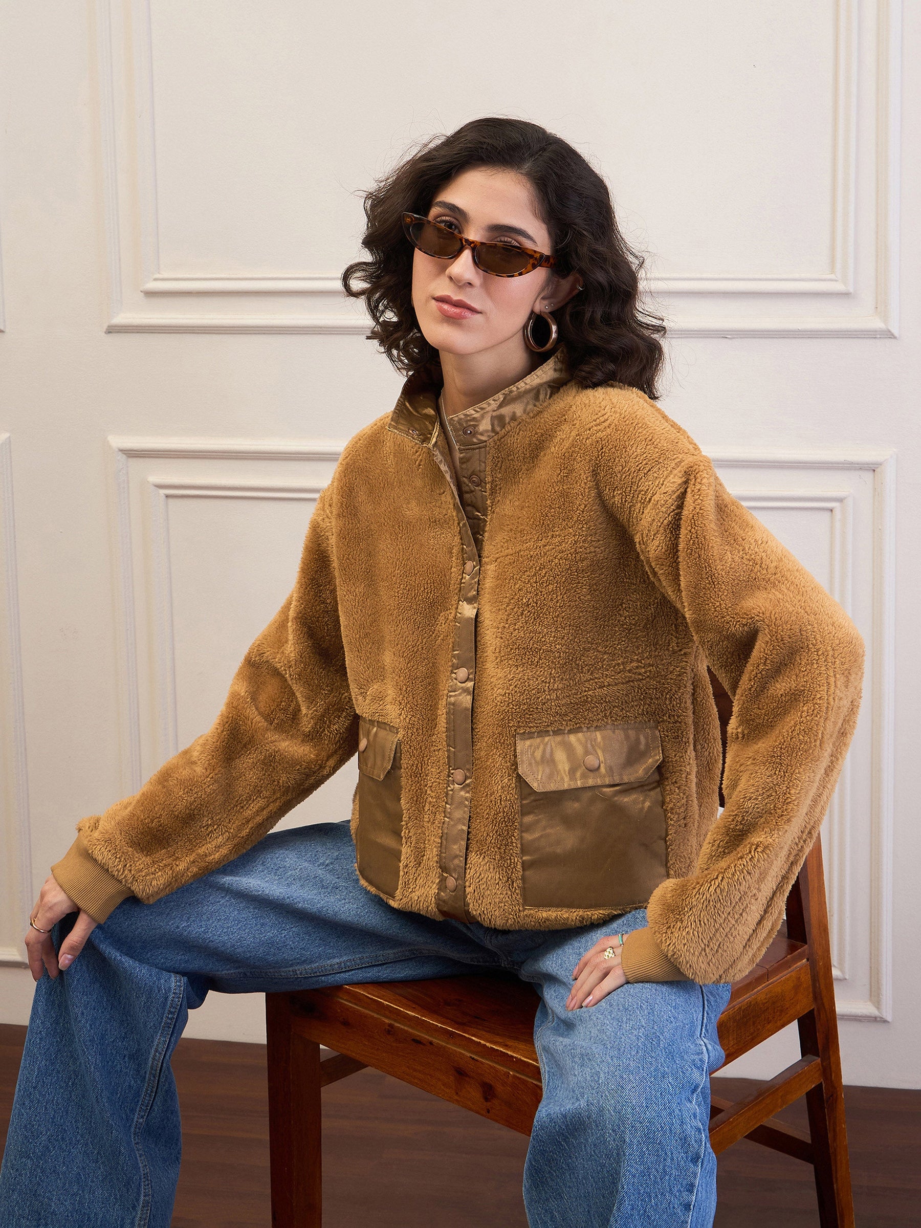 Brown Fur Front Patch Pocket Jacket-SASSAFRAS