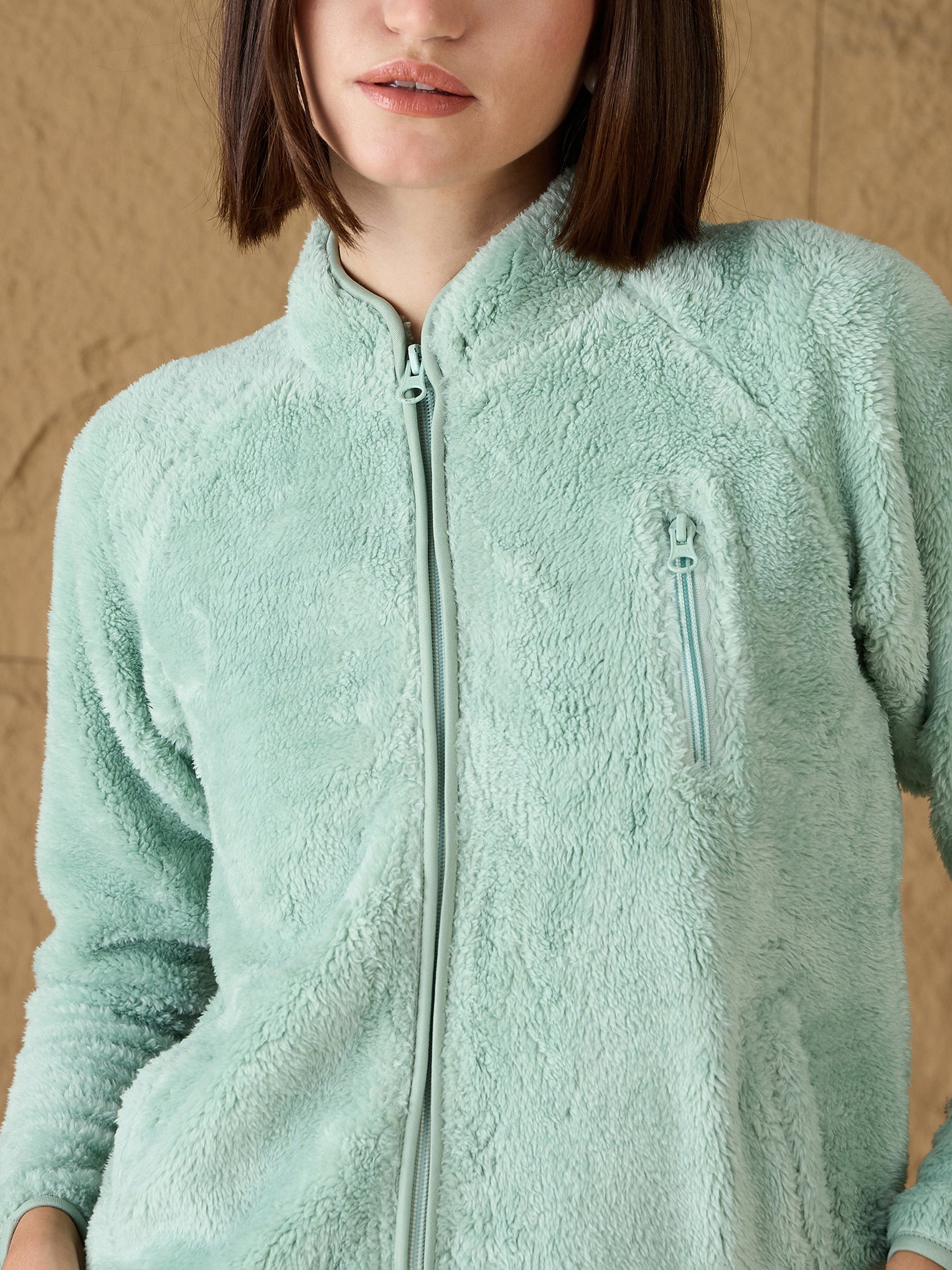 Sea Green Fur Front Zipper Jacket-SASSAFRAS