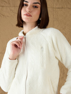 White Fur Front Zipper Regular Jacket-SASSAFRAS