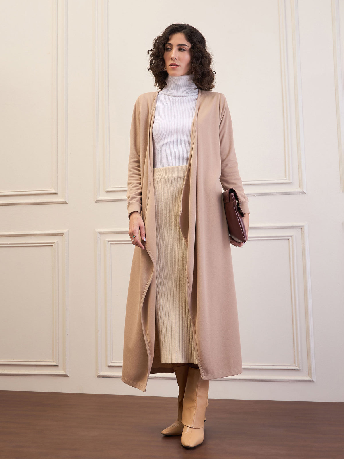 Beige Front Open Long Shrug-SASSAFRAS