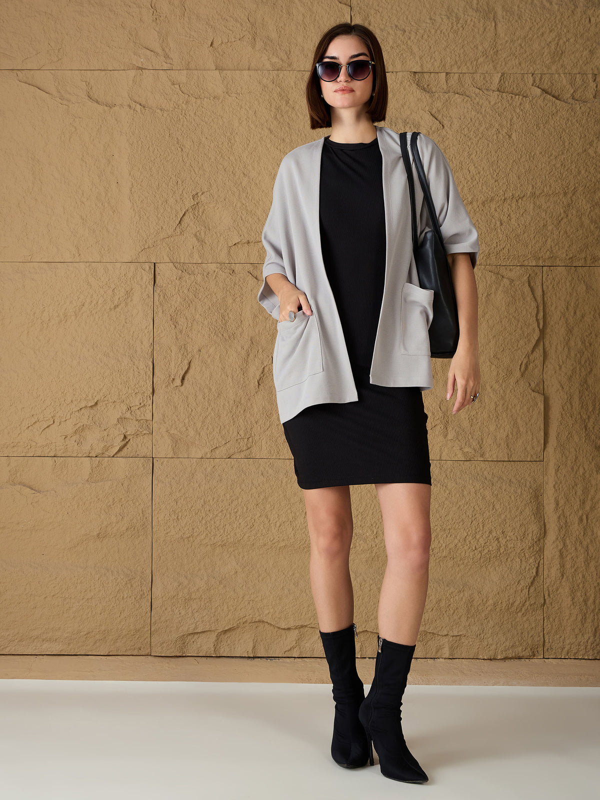 Women Grey Front Open Kimono Shrug