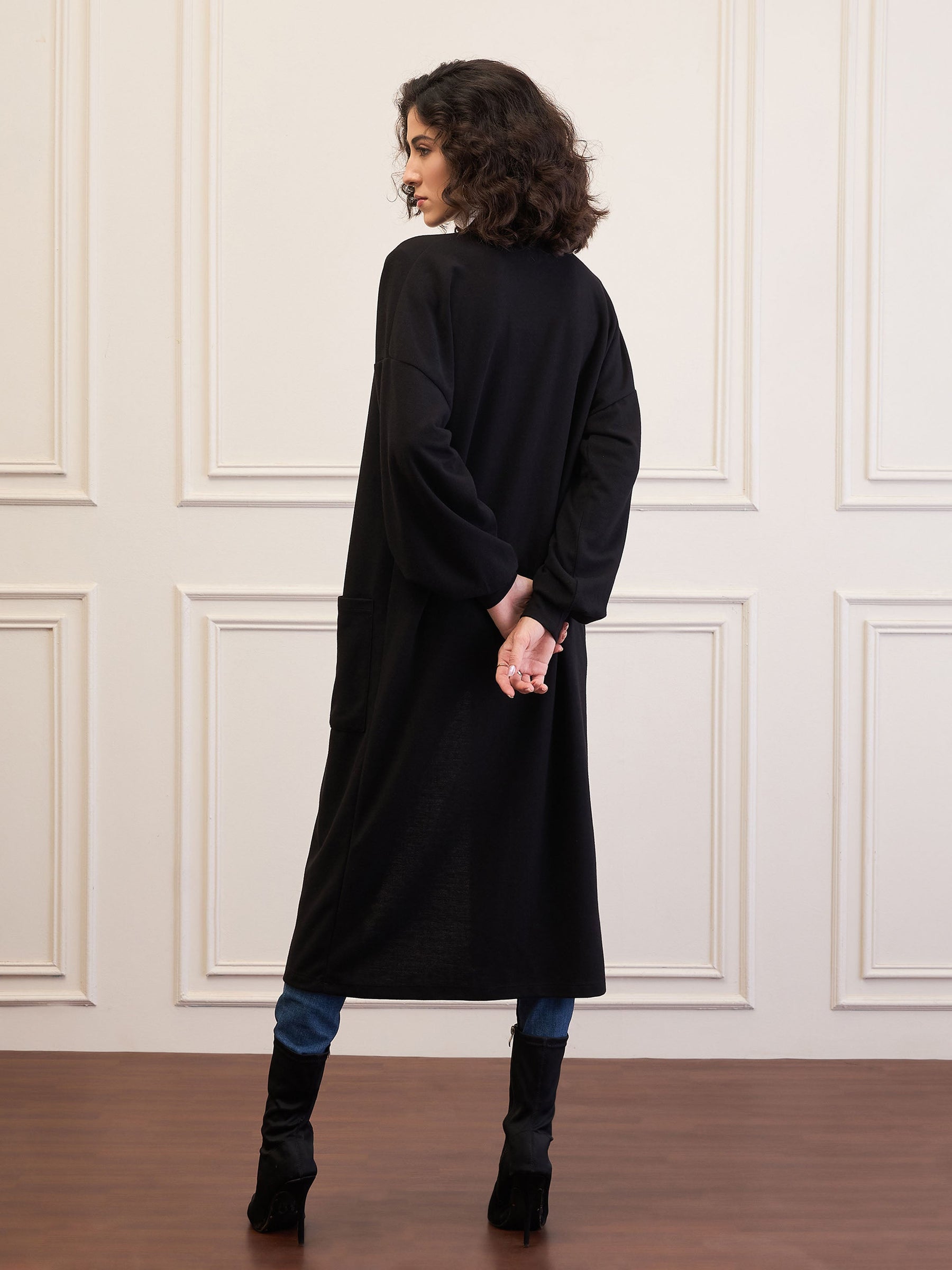 Black Front Open Balloon Sleeve Shrug-SASSAFRAS