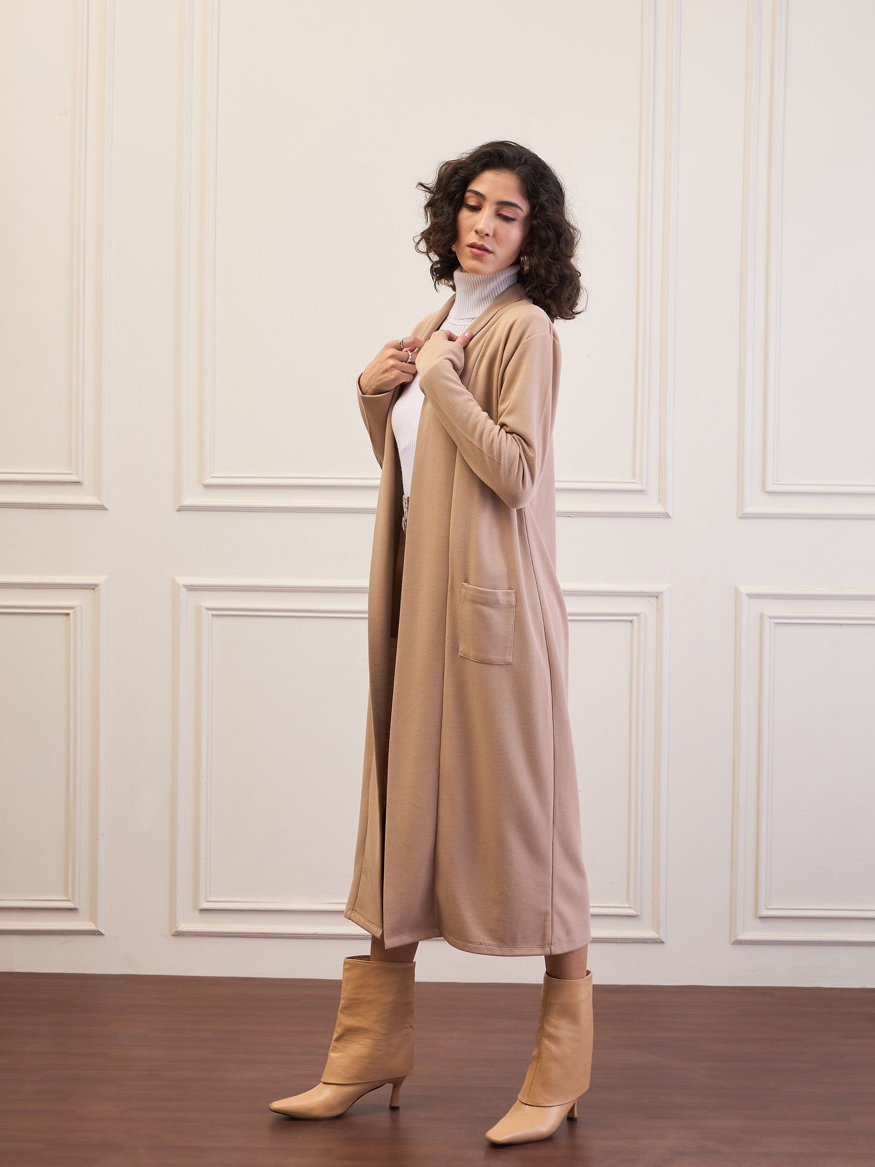 Beige Rib Longline Shrug-SASSAFRAS