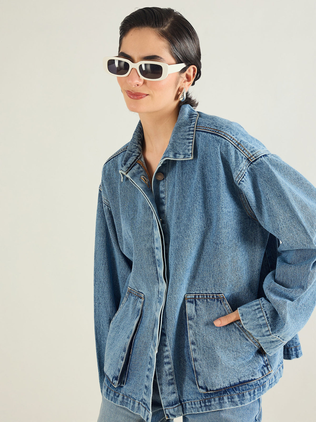 Blue Blast Denim Oversized Button Down Jacket-SASSAFRAS