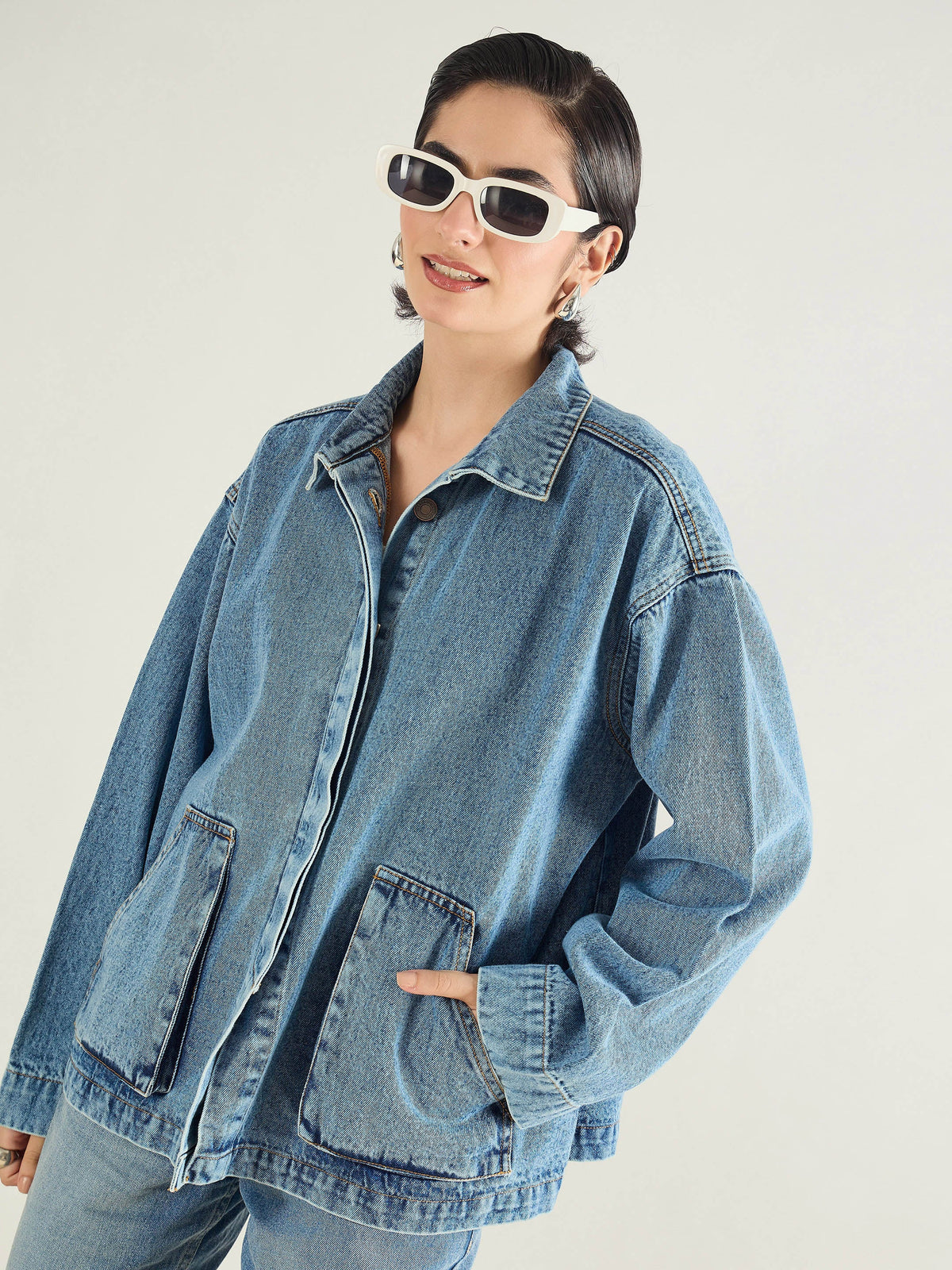 Blue Blast Denim Oversized Button Down Jacket-SASSAFRAS