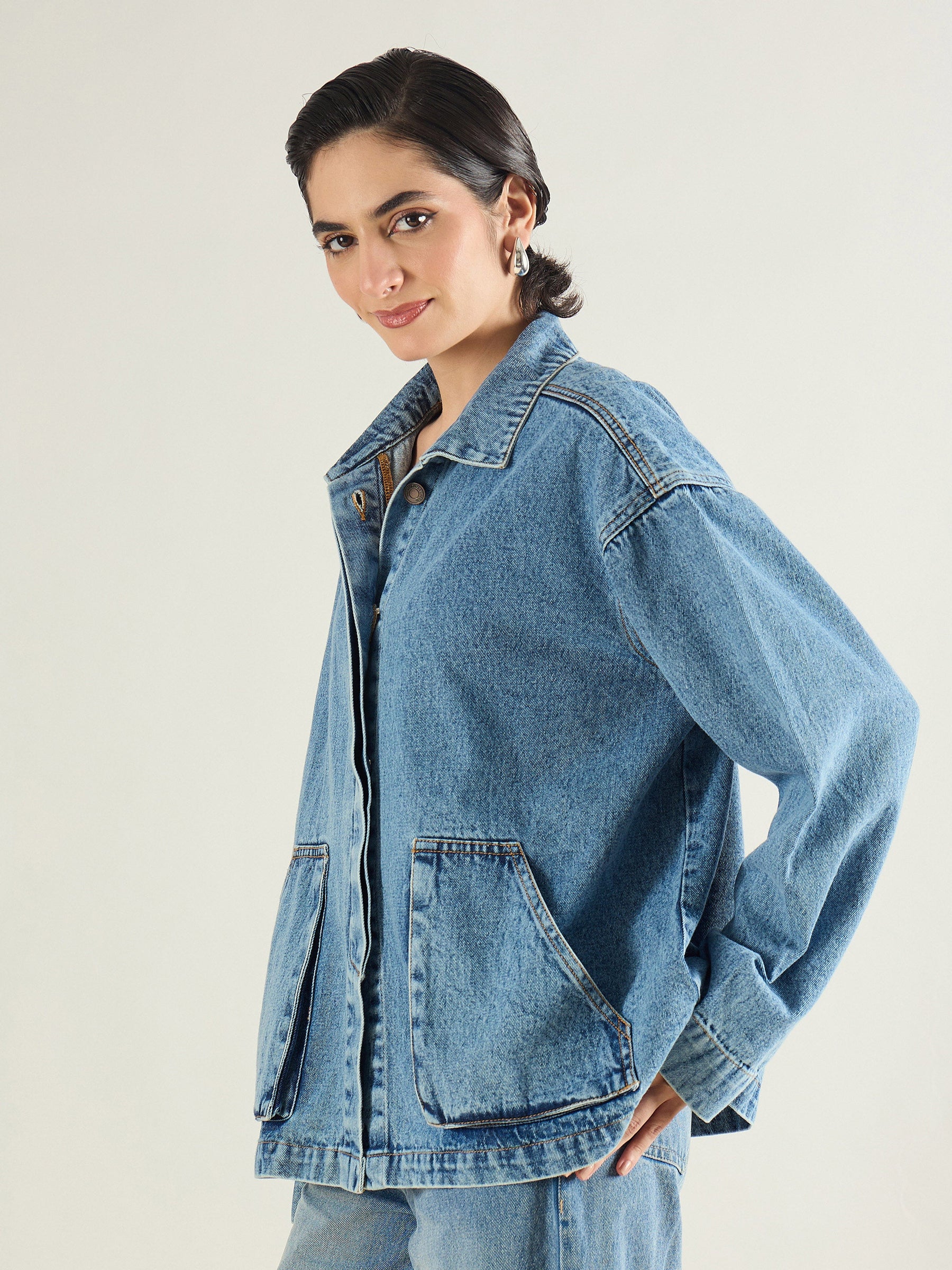 Blue Blast Denim Oversized Button Down Jacket-SASSAFRAS
