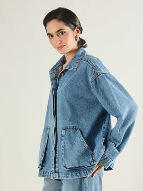 Blue Blast Denim Oversized Button Down Jacket-SASSAFRAS