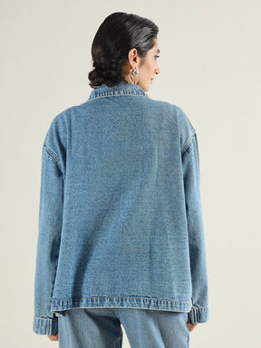 Blue Blast Denim Oversized Button Down Jacket-SASSAFRAS