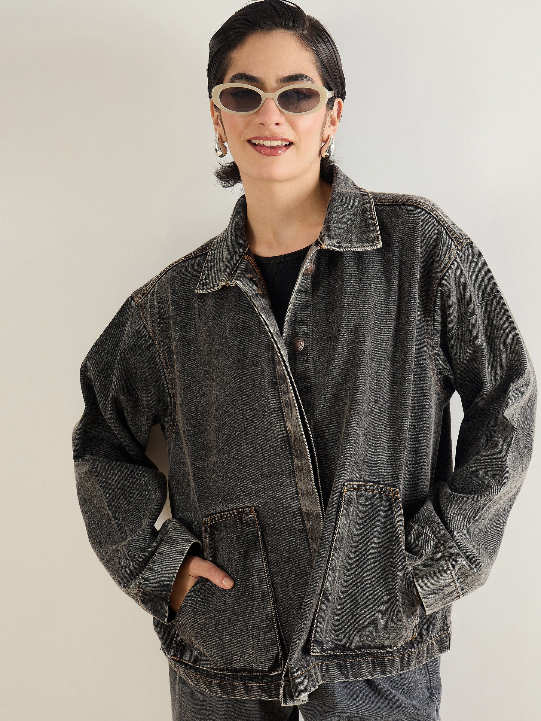 Black Washed Denim Oversized Button Down Jacket-SASSAFRAS