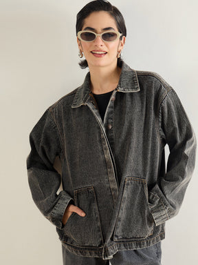 Black Washed Denim Oversized Button Down Jacket-SASSAFRAS