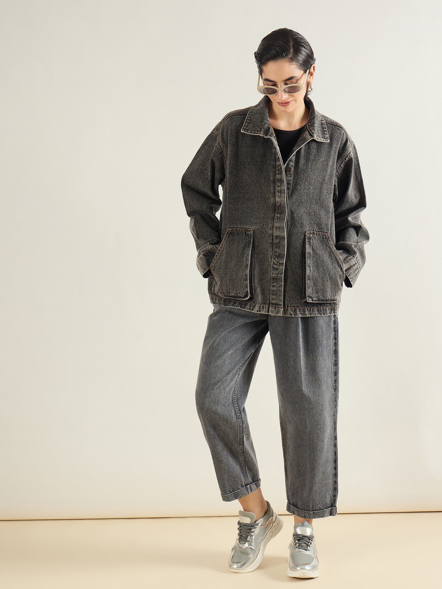 Black Washed Denim Oversized Button Down Jacket-SASSAFRAS