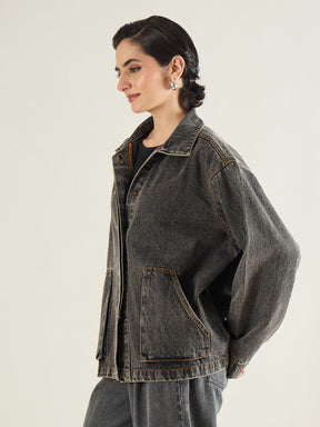 Black Washed Denim Oversized Button Down Jacket-SASSAFRAS