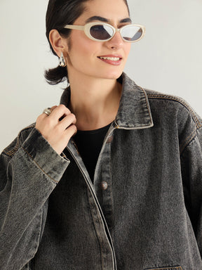 Black Washed Denim Oversized Button Down Jacket-SASSAFRAS