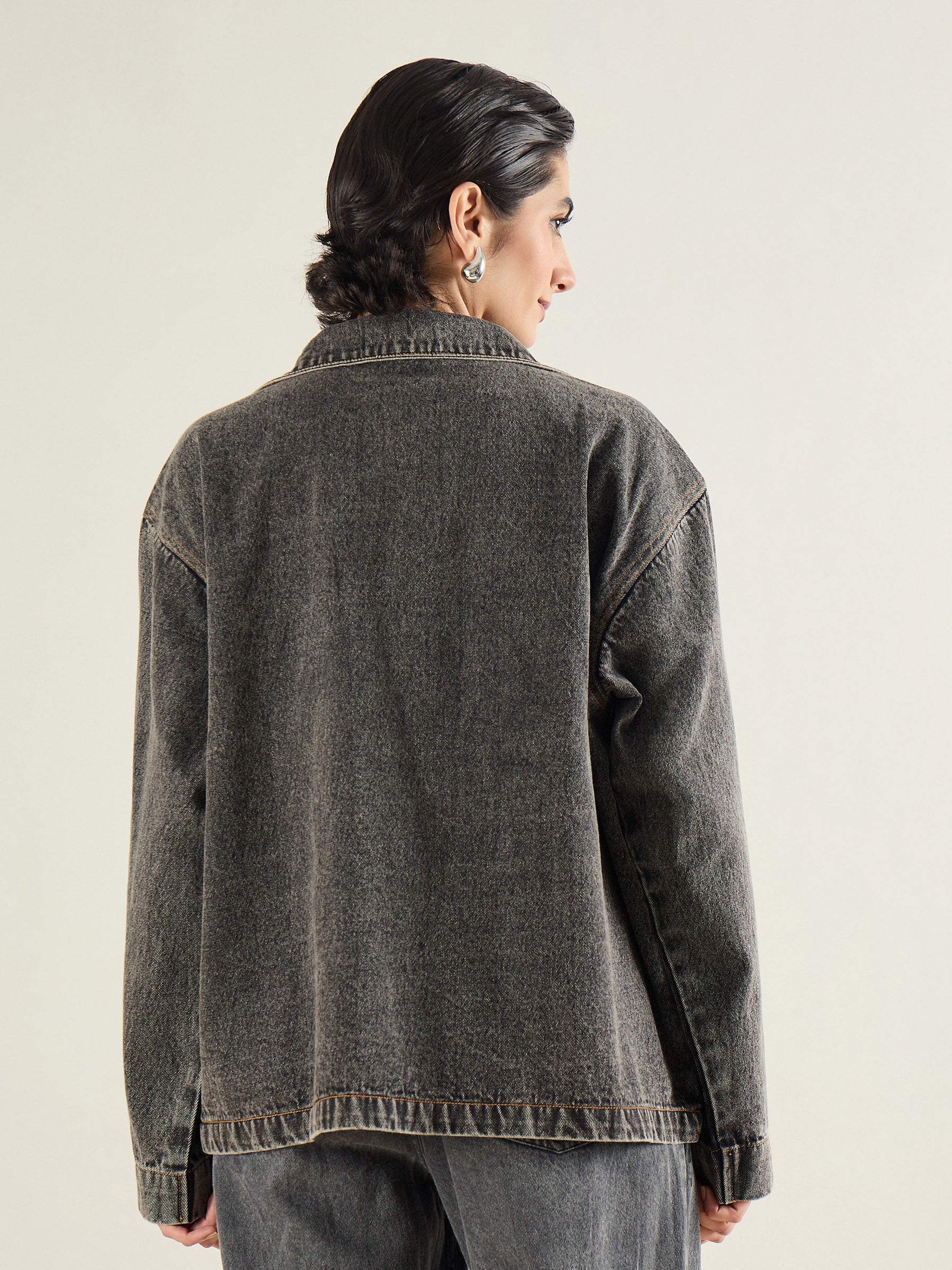 Black Washed Denim Oversized Button Down Jacket-SASSAFRAS
