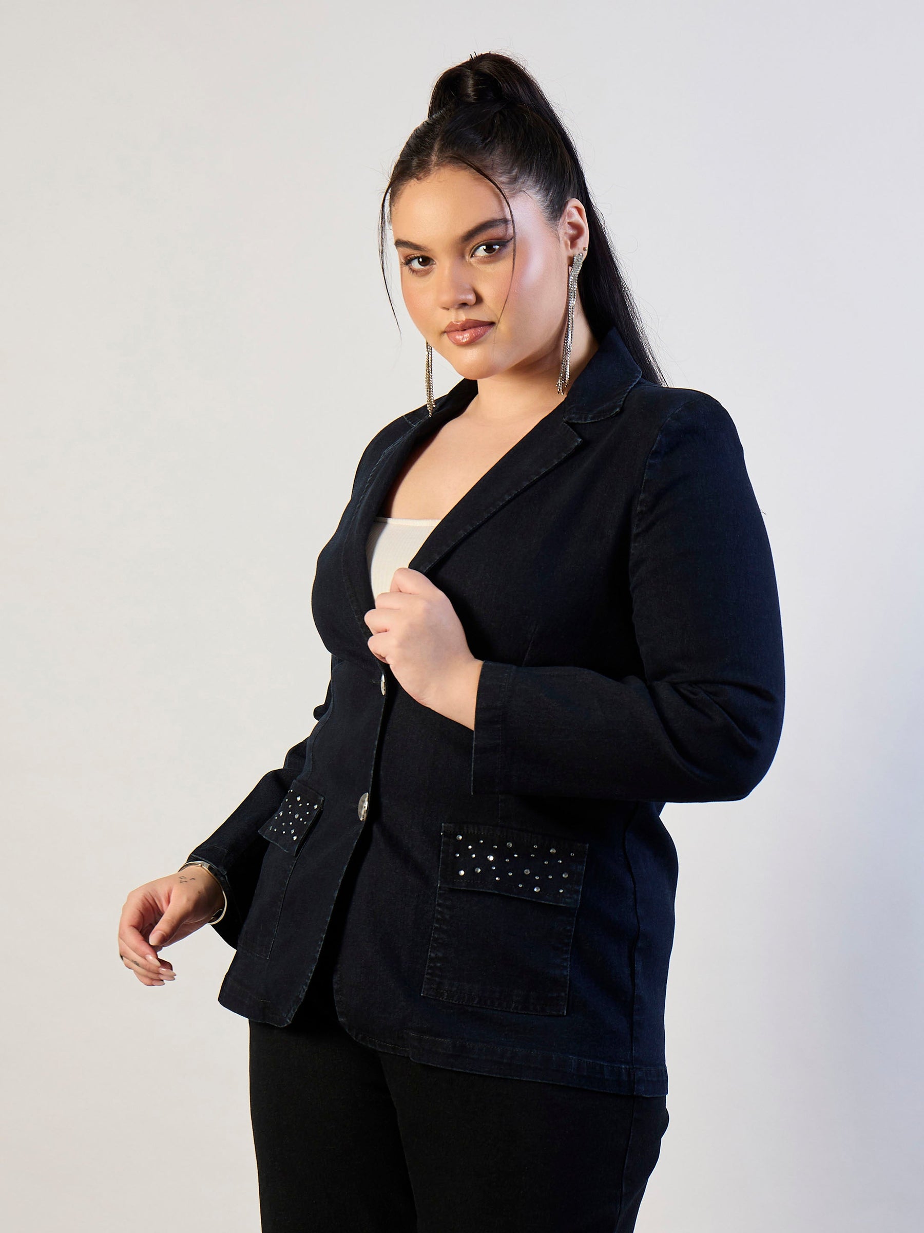 Jet Black Denim Front Button Blazer-SASSAFRAS CURVE