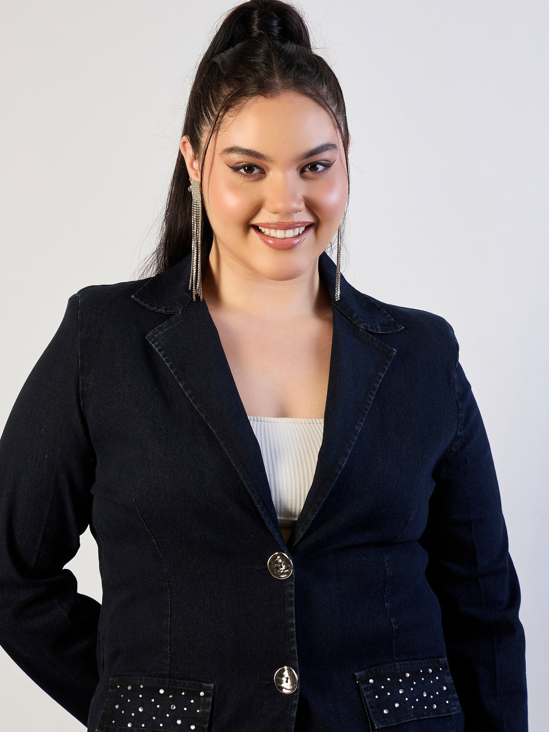 Jet Black Denim Front Button Blazer-SASSAFRAS CURVE
