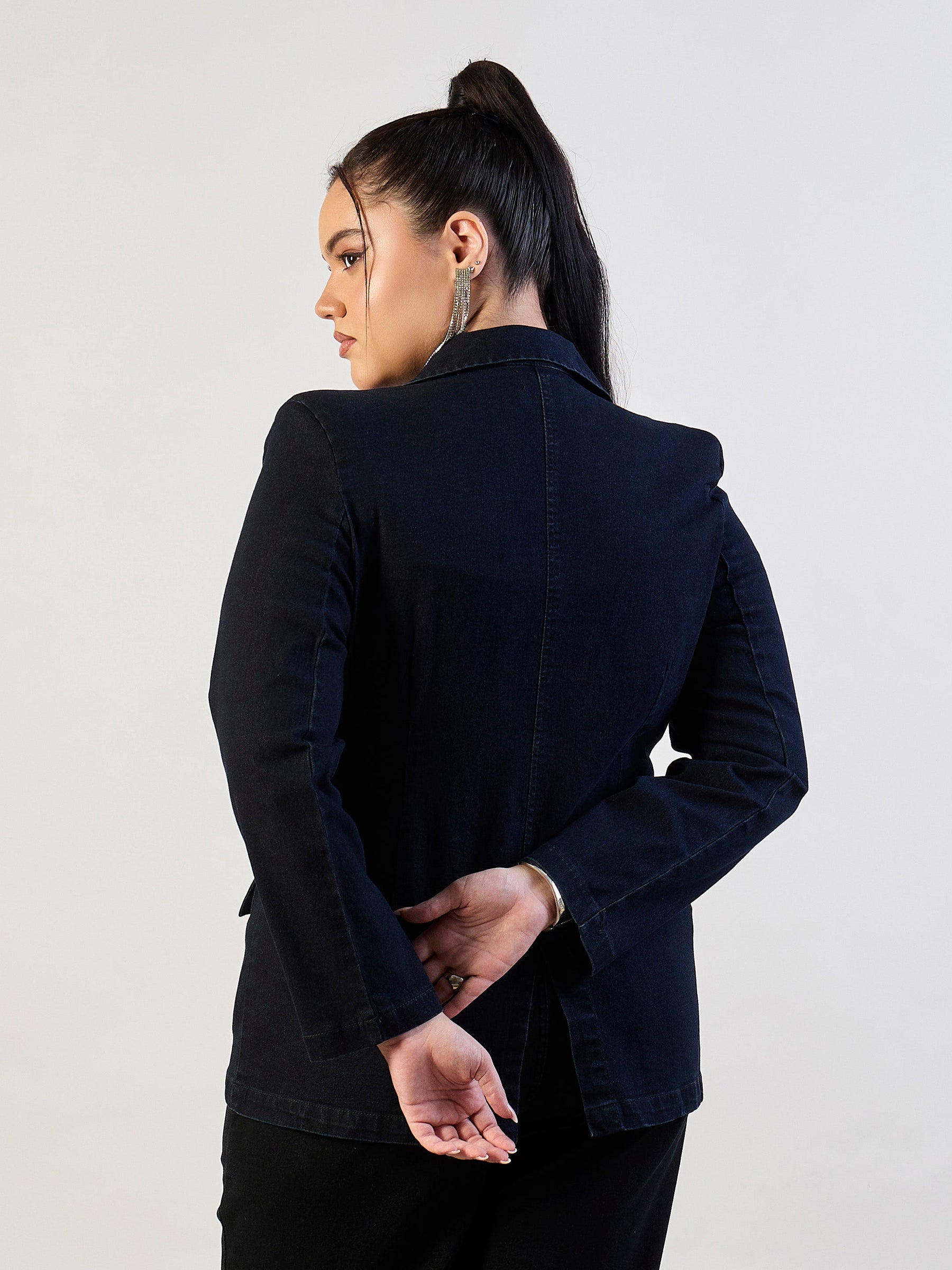 Jet Black Denim Front Button Blazer-SASSAFRAS CURVE
