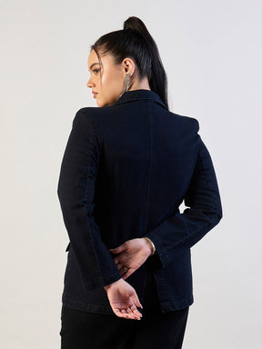 Jet Black Denim Front Button Blazer-SASSAFRAS CURVE