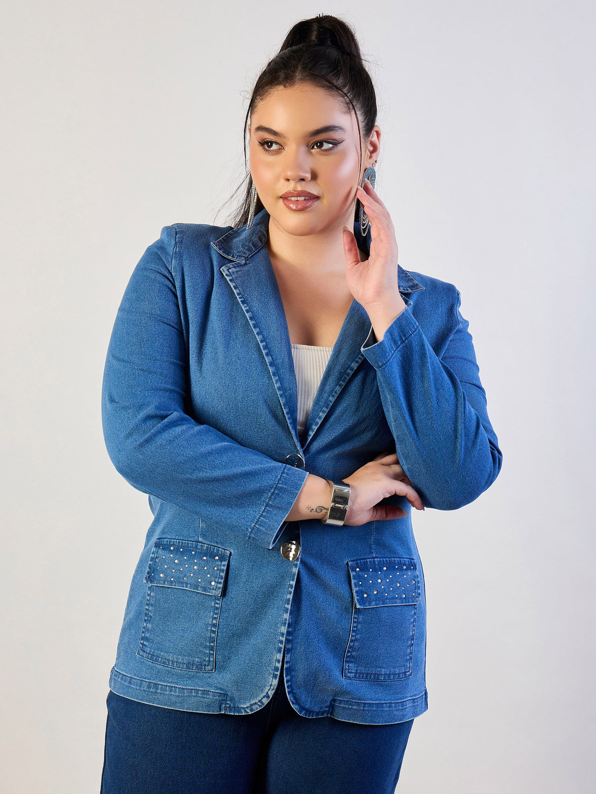 Blue Blast Denim Front Button Blazer-SASSAFRAS CURVE