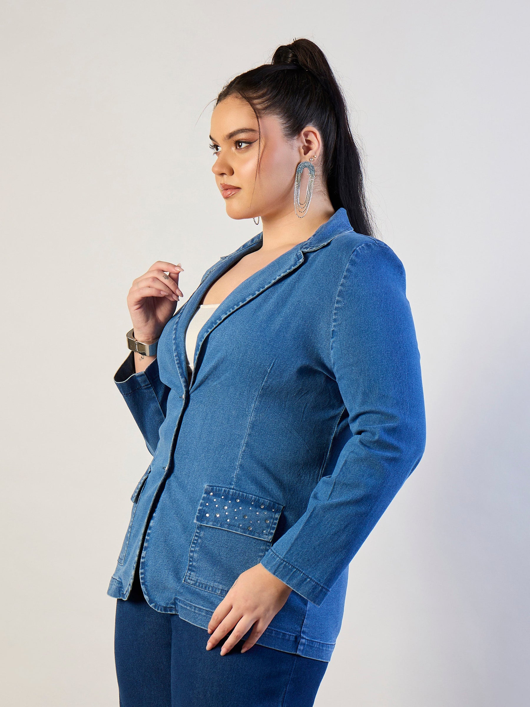 Blue Blast Denim Front Button Blazer-SASSAFRAS CURVE