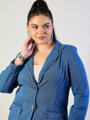 Blue Blast Denim Front Button Blazer-SASSAFRAS CURVE