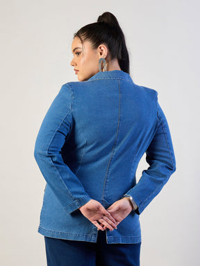 Blue Blast Denim Front Button Blazer-SASSAFRAS CURVE