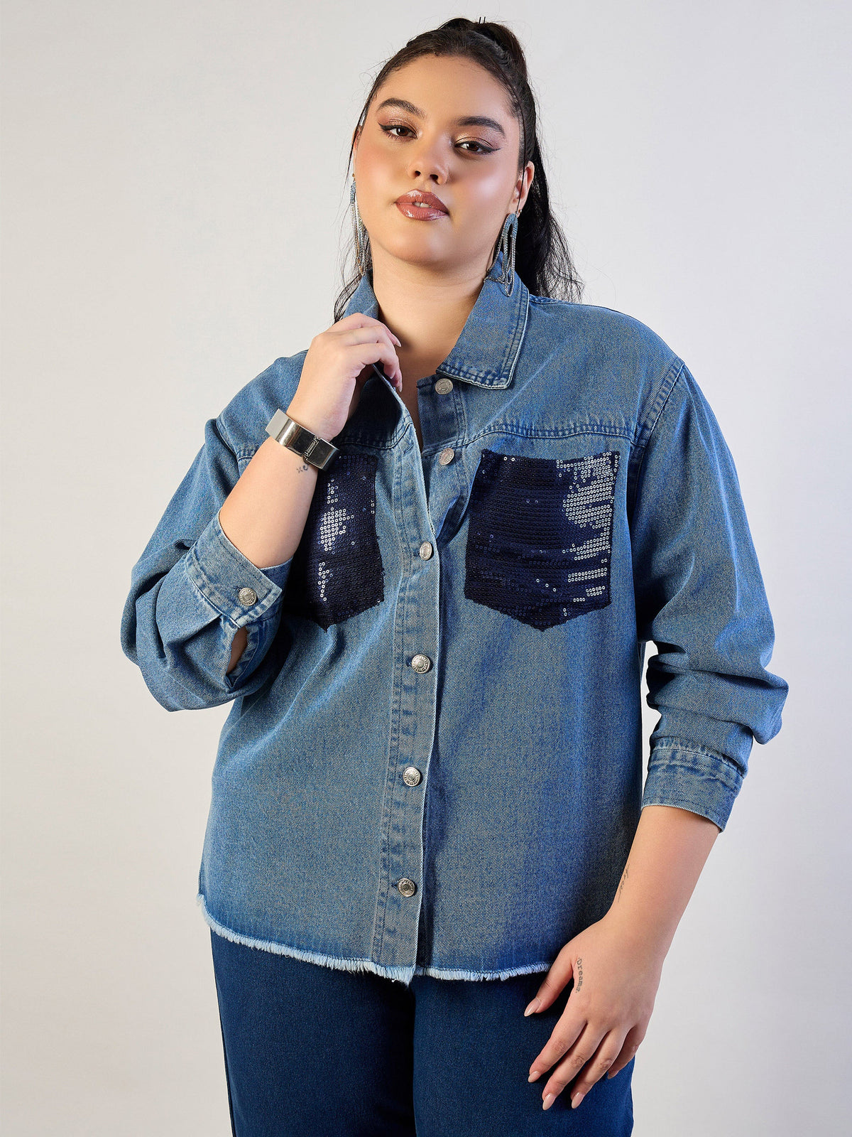 Blue Blast Sequins Patch Pocket Denim Jacket-SASSAFRAS CURVE
