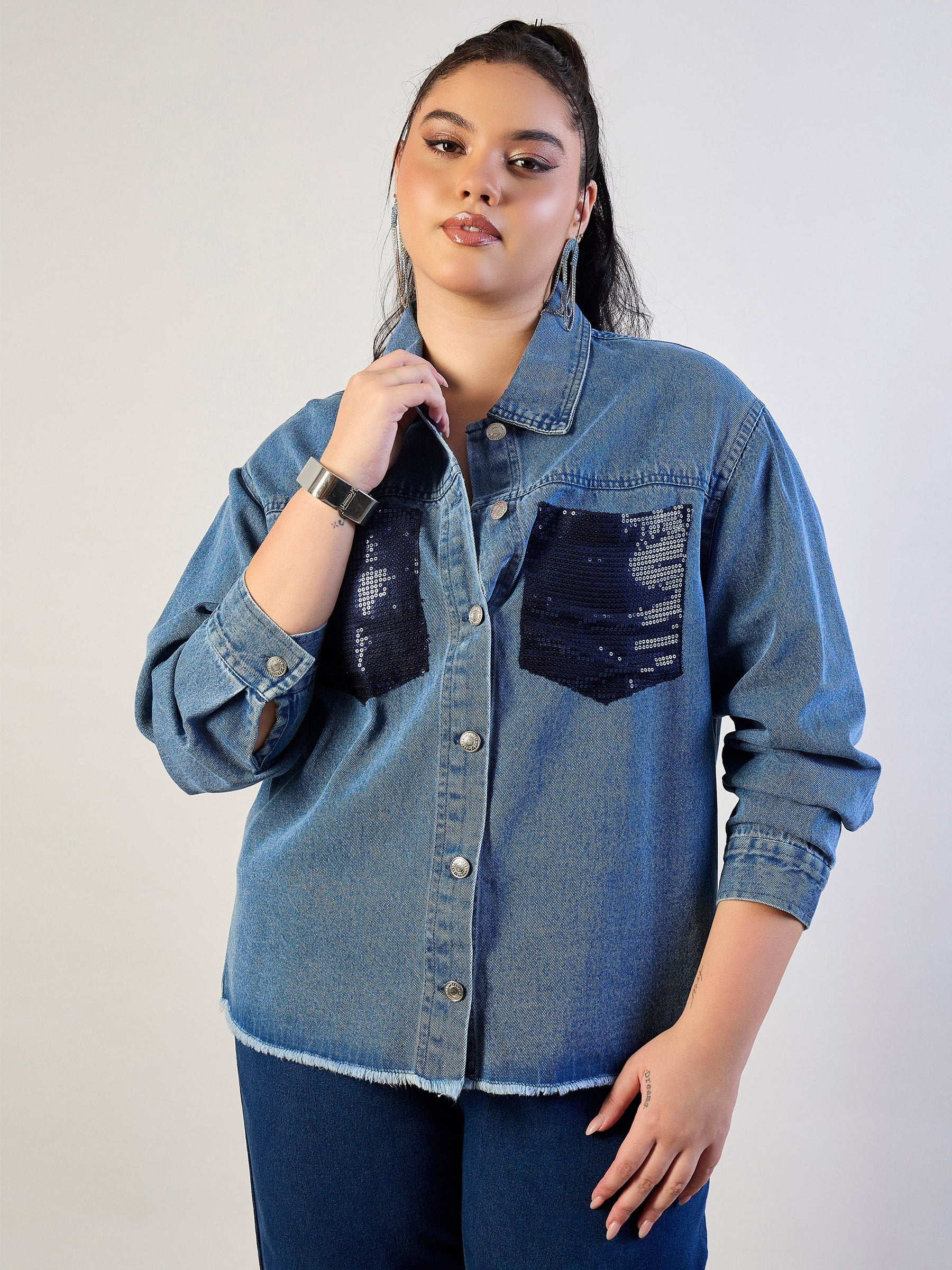 Blue Blast Sequins Patch Pocket Denim Jacket-SASSAFRAS CURVE