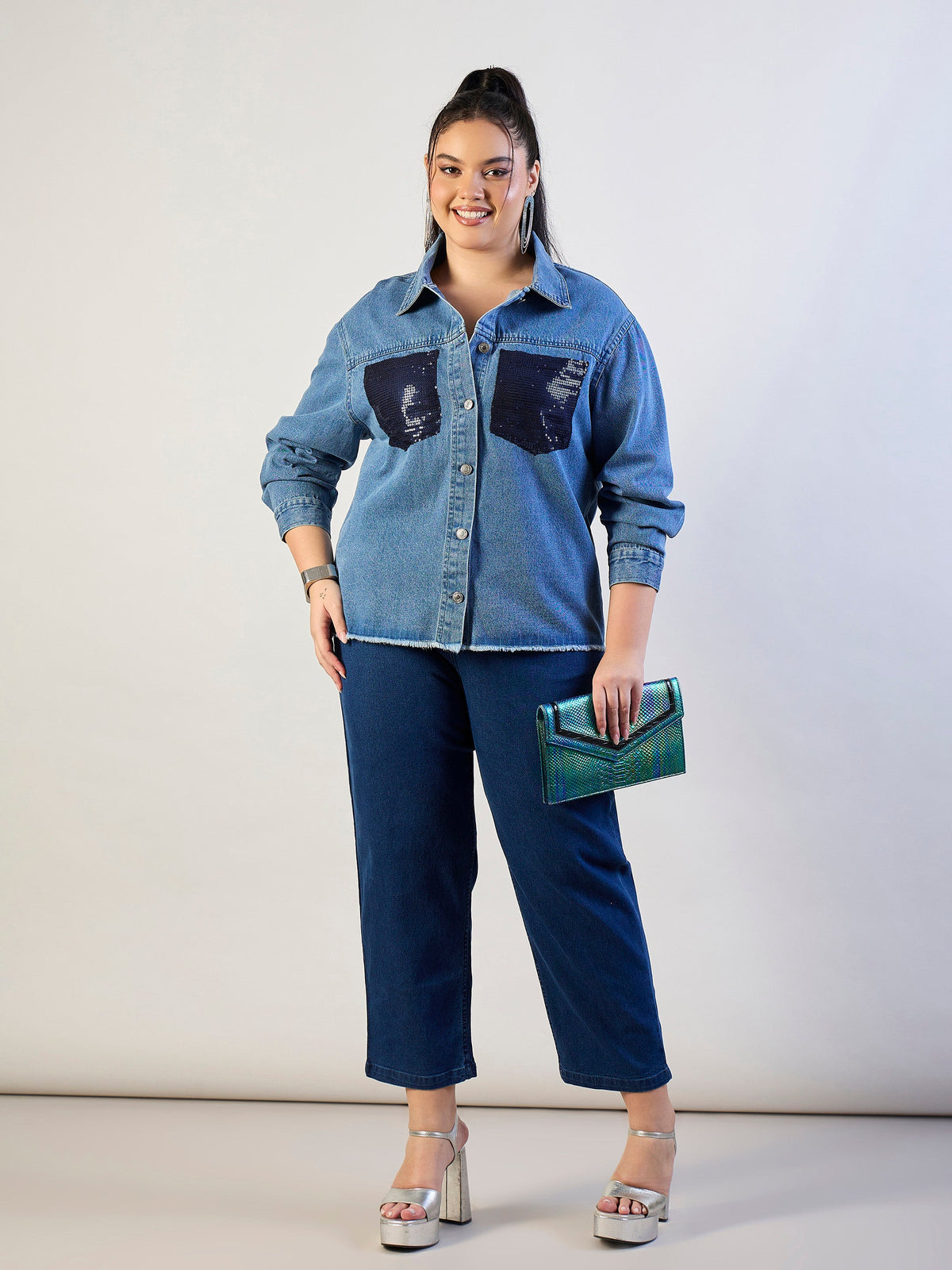 Blue Blast Sequins Patch Pocket Denim Jacket-SASSAFRAS CURVE