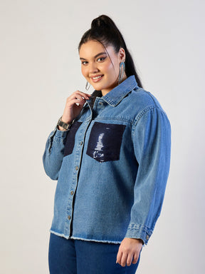 Blue Blast Sequins Patch Pocket Denim Jacket-SASSAFRAS CURVE