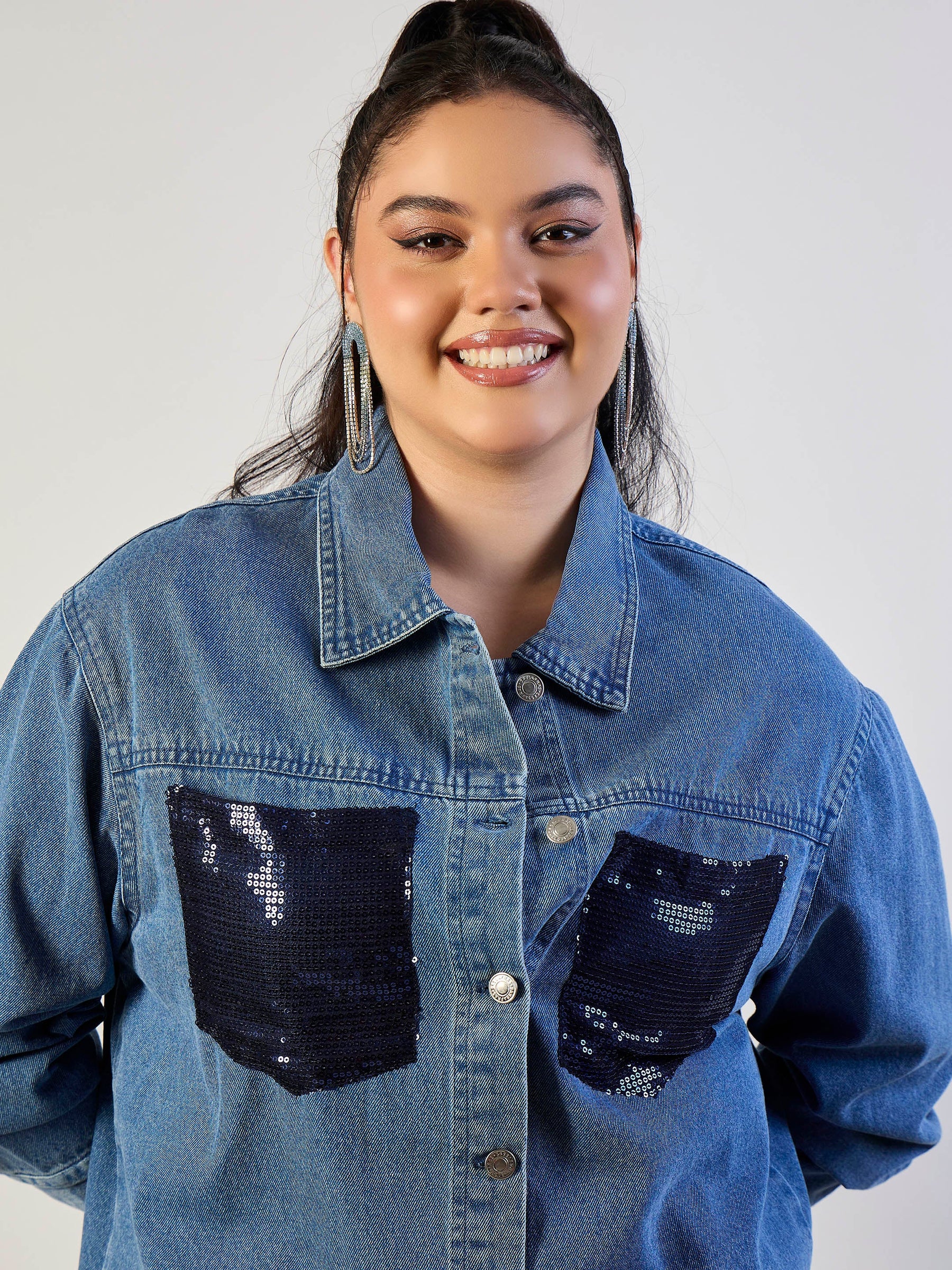 Blue Blast Sequins Patch Pocket Denim Jacket-SASSAFRAS CURVE