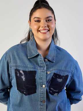 Blue Blast Sequins Patch Pocket Denim Jacket-SASSAFRAS CURVE
